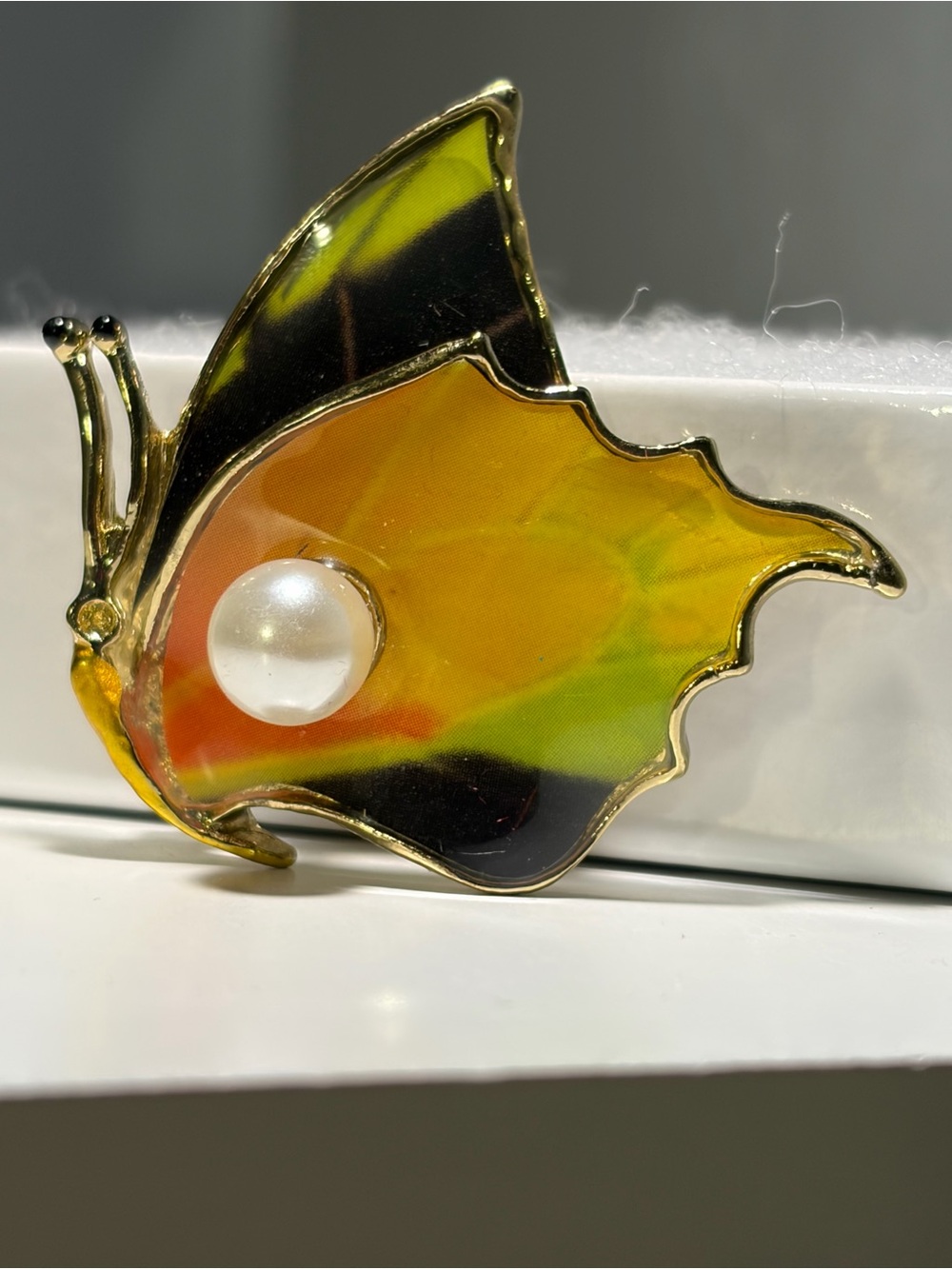 Gold-Tone Yellow Butterfly Brooch with Pearl Accent